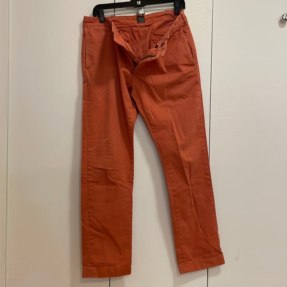 J.Crew men orange khaki pants 33W 32L - stanton pant slim straight zip fly
